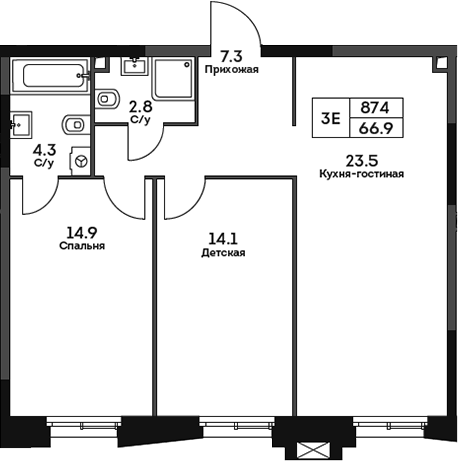 Планировка — Twelve, 3-комн., 67 м²