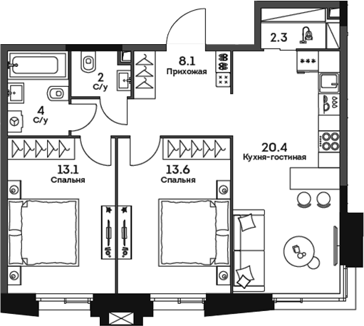 Планировка — Twelve, 3-комн., 64 м²