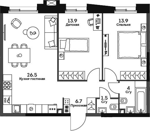Планировка — Twelve, 3-комн., 67 м²