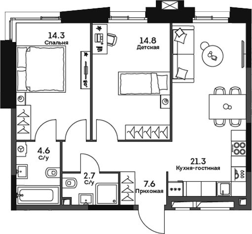 Планировка — Twelve, 3-комн., 65 м²