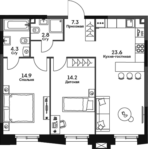 Планировка — Twelve, 3-комн., 67 м²