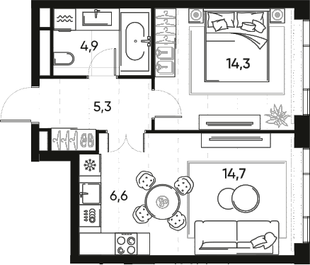 Планировка — ПРАЙД, 2-комн., 46 м²