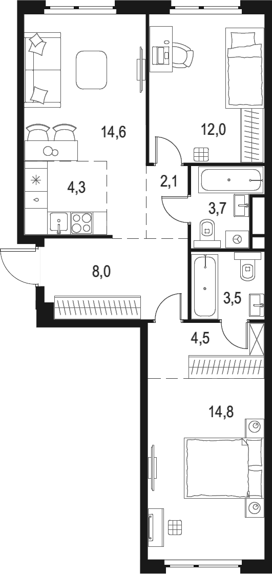 Планировка — Левел Мичуринский, 3-комн., 68 м²