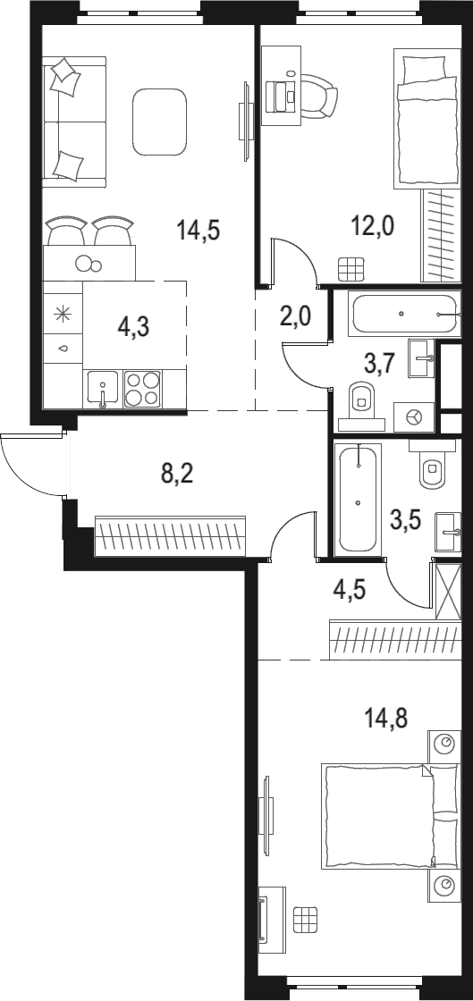 Планировка — Левел Мичуринский, 3-комн., 68 м²