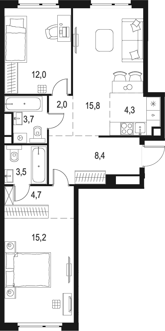 Планировка — Левел Мичуринский, 3-комн., 70 м²