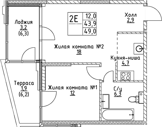 Планировка — VERY на Миклухо-Маклая, 2-комн., 44 м²