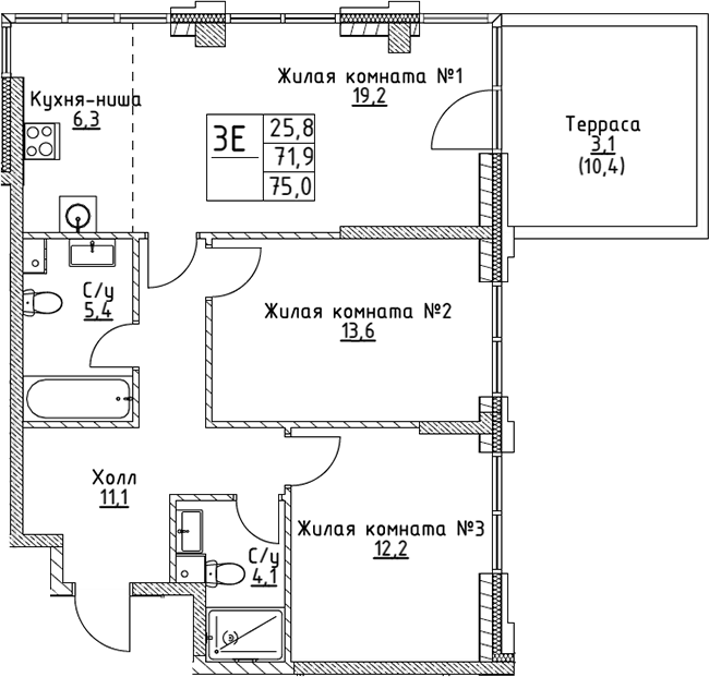 Планировка — VERY на Миклухо-Маклая, 3-комн., 72 м²