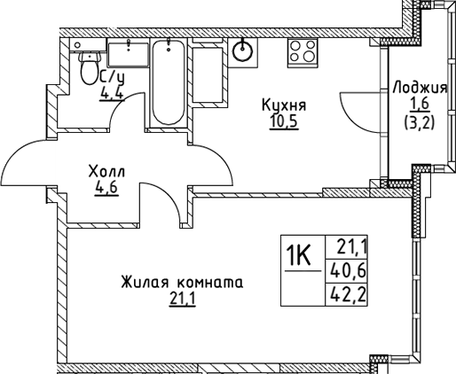 Планировка — VERY на Миклухо-Маклая, 1-комн., 41 м²