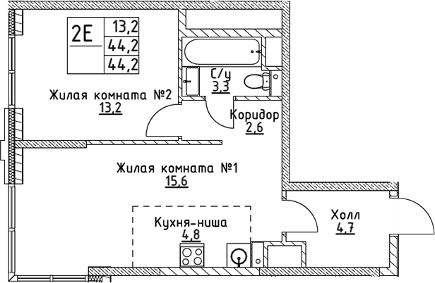 Планировка — VERY на Миклухо-Маклая, 2-комн., 44 м²