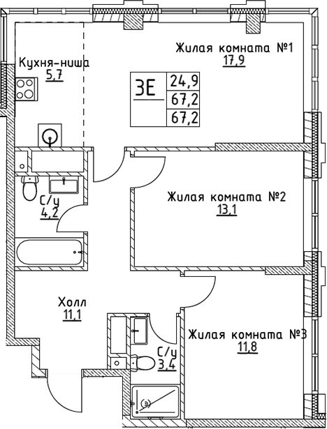 Планировка — VERY на Миклухо-Маклая, 3-комн., 67 м²