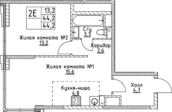 Планировка — VERY на Миклухо-Маклая, 2-комн., 44 м²