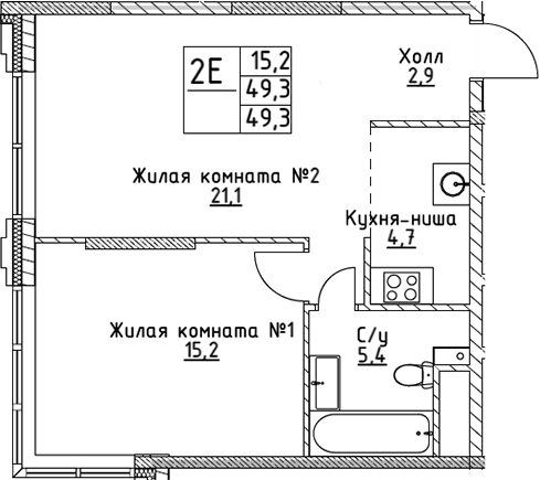 Планировка — VERY на Миклухо-Маклая, 2-комн., 49 м²