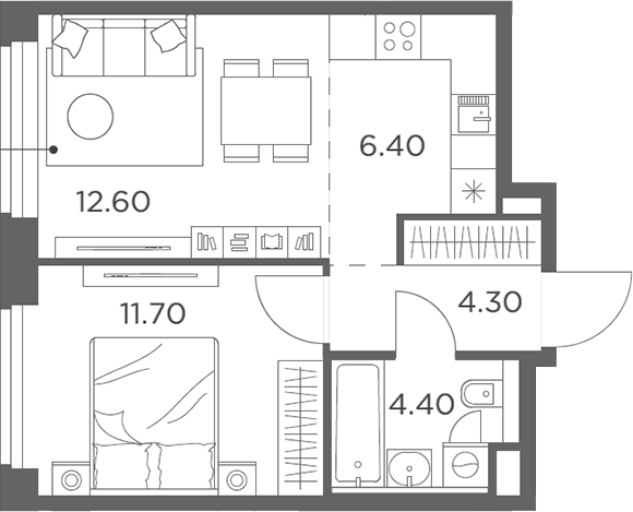 Планировка — Белый Град, 2-комн., 39 м²