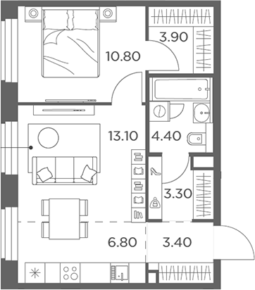 Планировка — Белый Град, 1-комн., 46 м²
