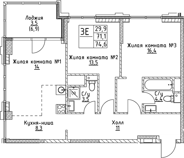 Планировка — VERY на Миклухо-Маклая, 3-комн., 71 м²