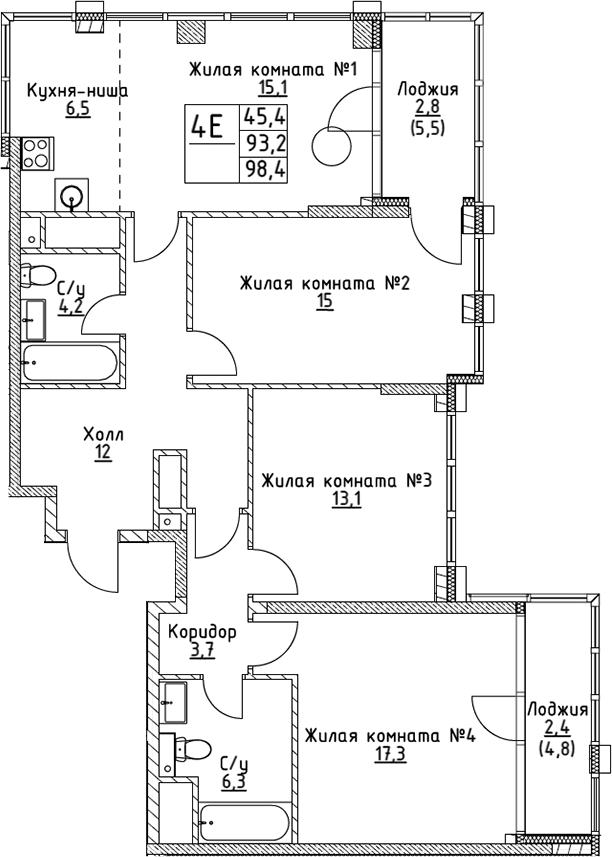 Планировка — VERY на Миклухо-Маклая, 4-комн., 93 м²