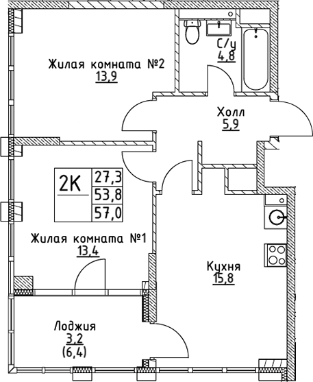 Планировка — VERY на Миклухо-Маклая, 2-комн., 54 м²
