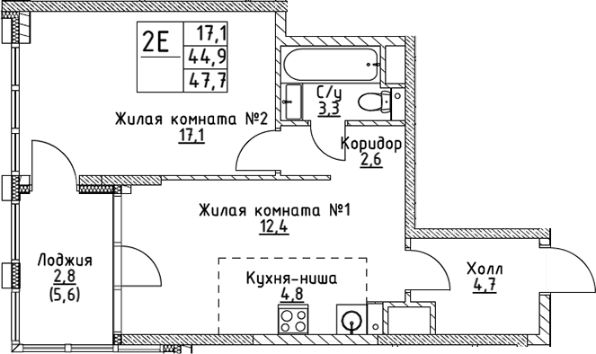 Планировка — VERY на Миклухо-Маклая, 2-комн., 45 м²