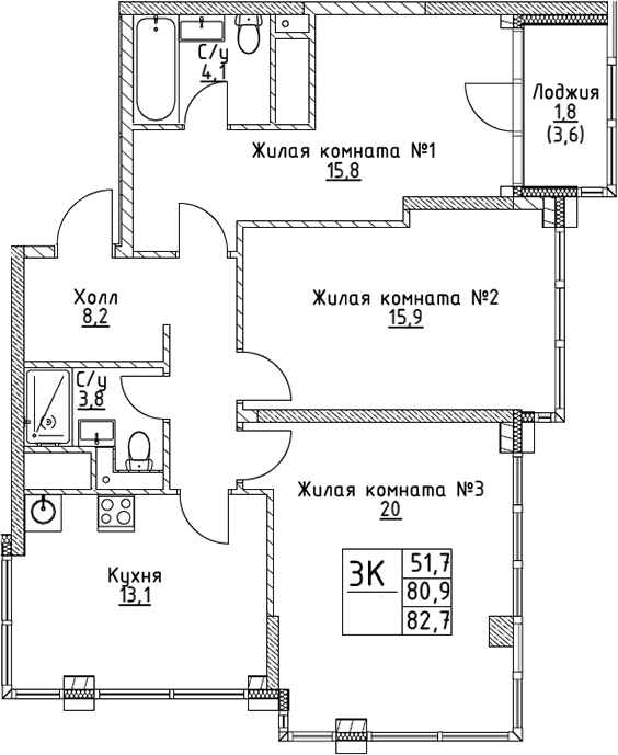 Планировка — VERY на Миклухо-Маклая, 3-комн., 81 м²