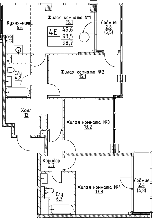 Планировка — VERY на Миклухо-Маклая, 4-комн., 94 м²