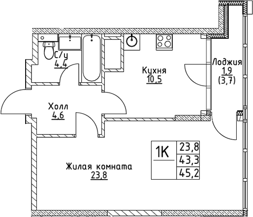 Планировка — VERY на Миклухо-Маклая, 1-комн., 43 м²