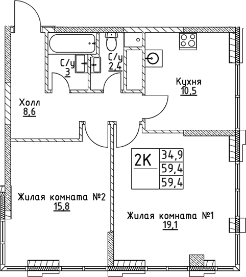 Планировка — VERY на Миклухо-Маклая, 2-комн., 59 м²