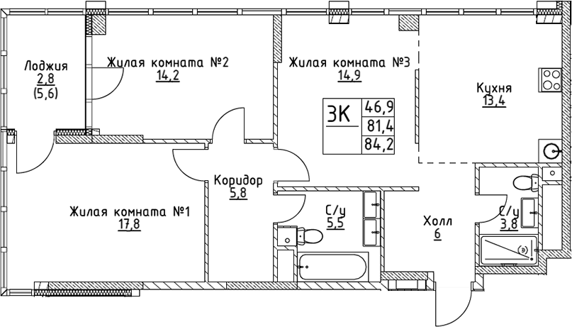 Планировка — VERY на Миклухо-Маклая, 3-комн., 81 м²
