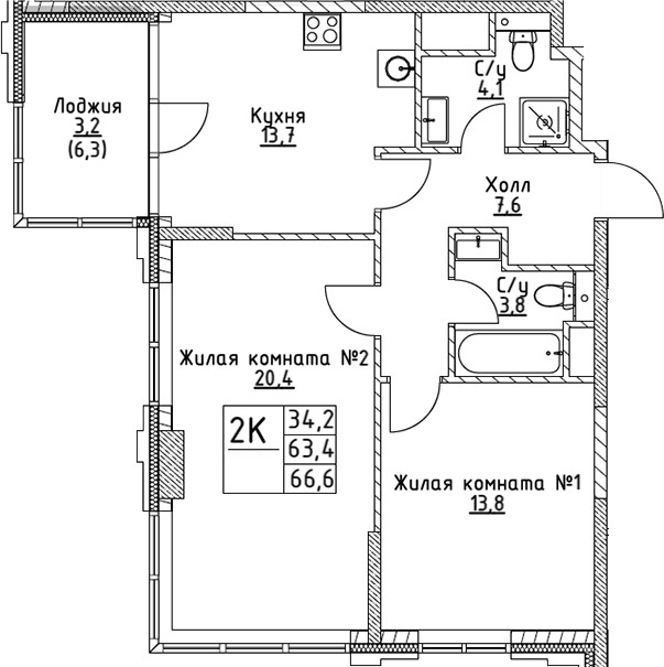 Планировка — VERY на Миклухо-Маклая, 2-комн., 63 м²