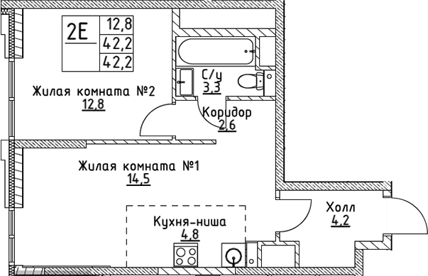 Планировка — VERY на Миклухо-Маклая, 2-комн., 42 м²