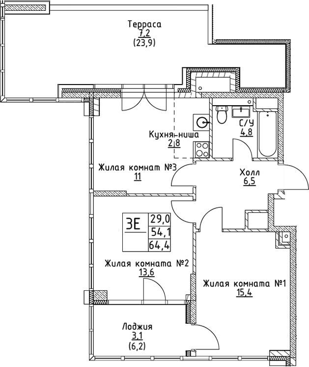 Планировка — VERY на Миклухо-Маклая, 3-комн., 54 м²