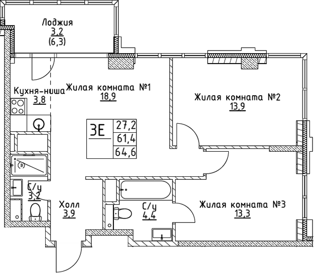 Планировка — VERY на Миклухо-Маклая, 3-комн., 61 м²