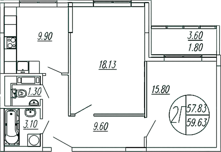 Планировка — Шолохово, 2-комн., 58 м²