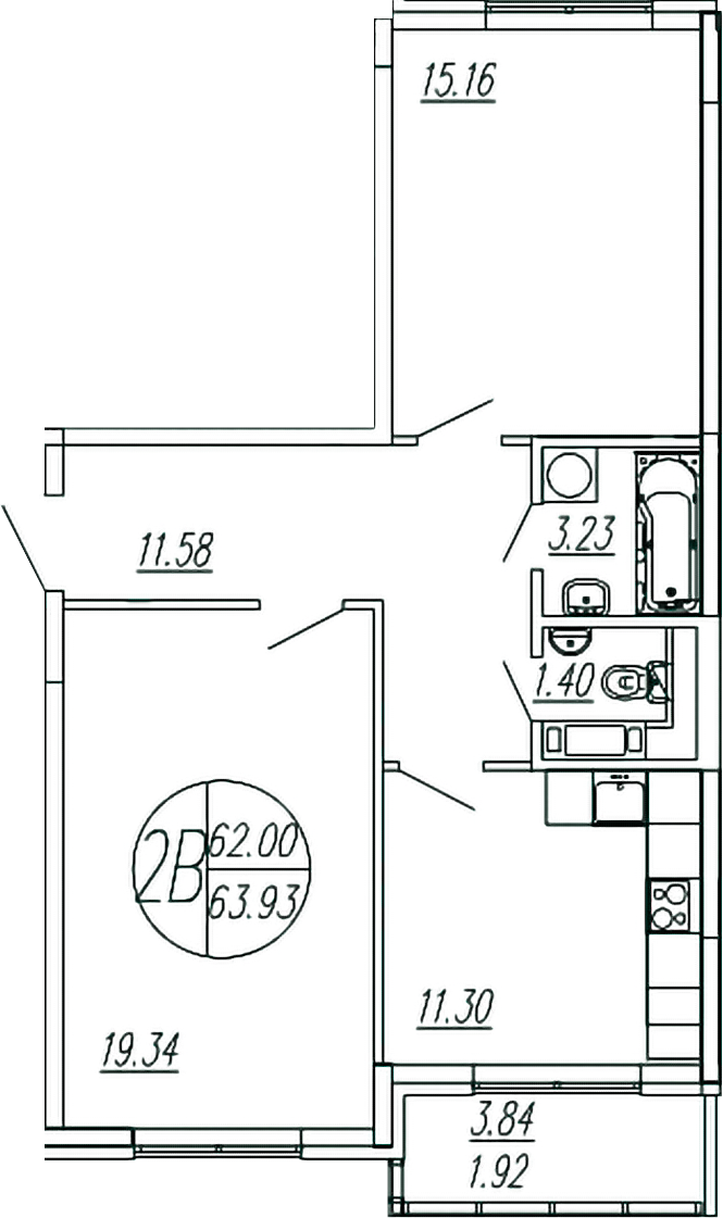 Планировка — Шолохово, 2-комн., 62 м²
