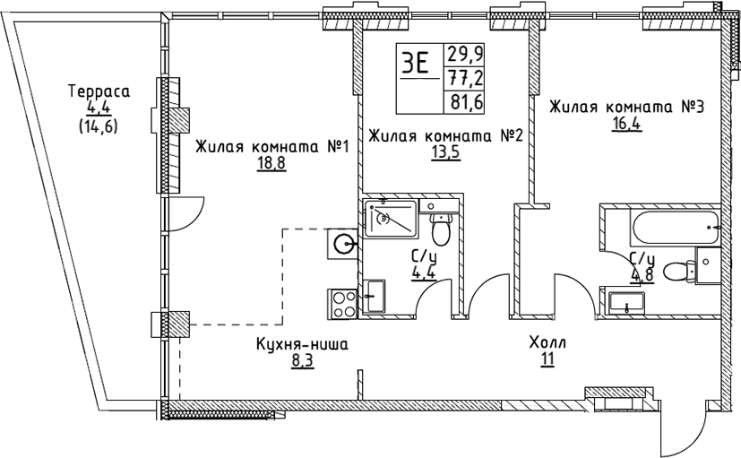 Планировка — VERY на Миклухо-Маклая, 3-комн., 77 м²