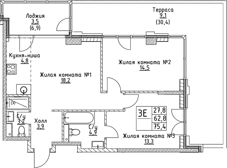 Планировка — VERY на Миклухо-Маклая, 3-комн., 63 м²