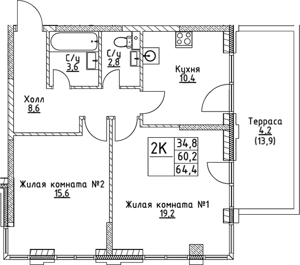 Планировка — VERY на Миклухо-Маклая, 2-комн., 60 м²