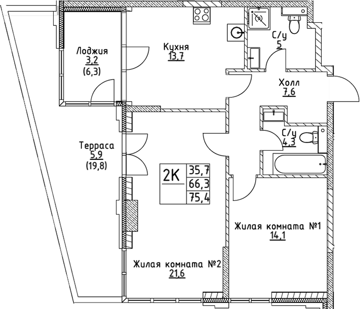 Планировка — VERY на Миклухо-Маклая, 2-комн., 66 м²