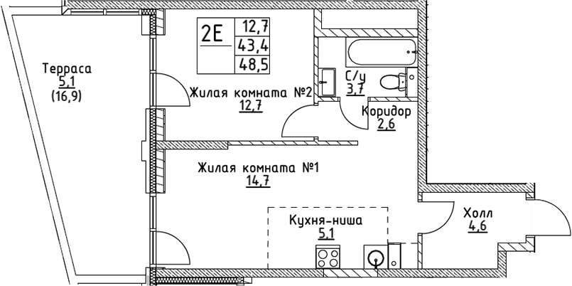 Планировка — VERY на Миклухо-Маклая, 2-комн., 43 м²