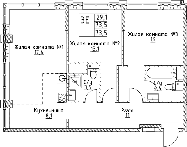 Планировка — VERY на Миклухо-Маклая, 3-комн., 74 м²