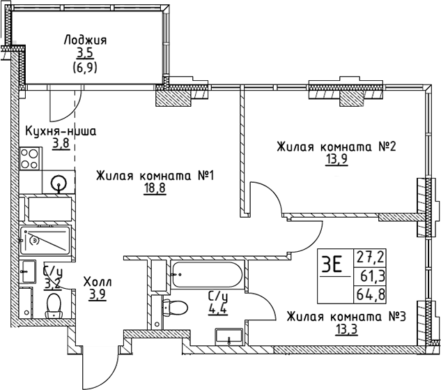 Планировка — VERY на Миклухо-Маклая, 3-комн., 61 м²