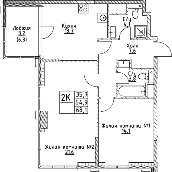 Планировка — VERY на Миклухо-Маклая, 2-комн., 65 м²
