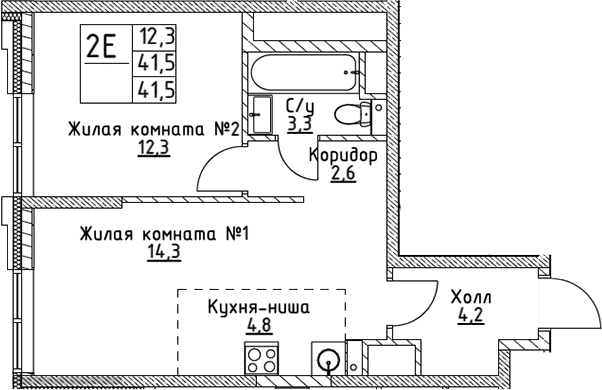 Планировка — VERY на Миклухо-Маклая, 2-комн., 42 м²