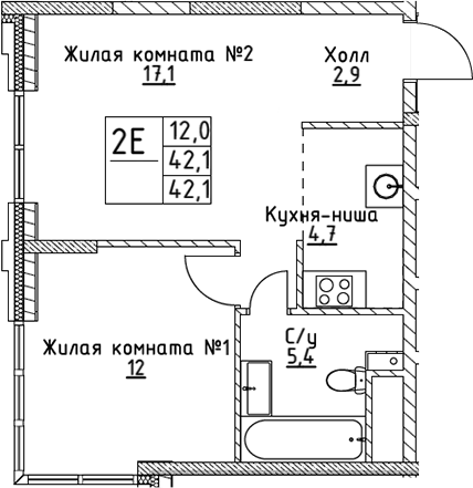 Планировка — VERY на Миклухо-Маклая, 2-комн., 42 м²