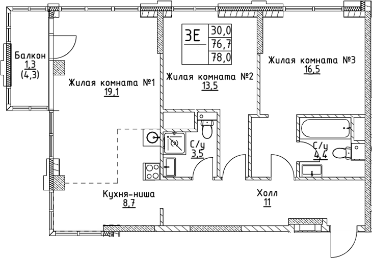 Планировка — VERY на Миклухо-Маклая, 3-комн., 77 м²