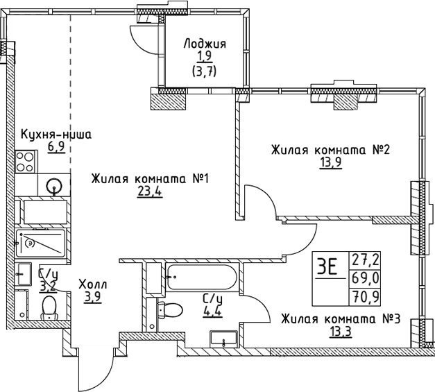 Планировка — VERY на Миклухо-Маклая, 3-комн., 69 м²