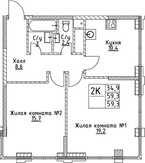 Планировка — VERY на Миклухо-Маклая, 2-комн., 59 м²