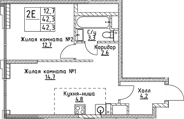Планировка — VERY на Миклухо-Маклая, 2-комн., 42 м²