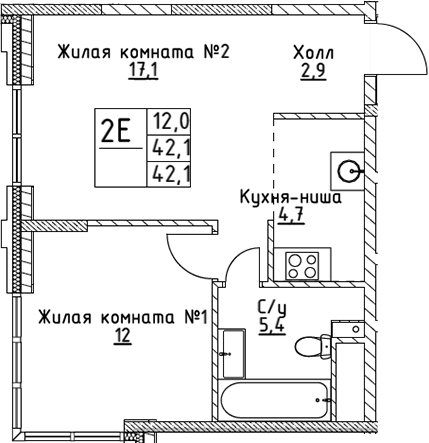 Планировка — VERY на Миклухо-Маклая, 2-комн., 42 м²