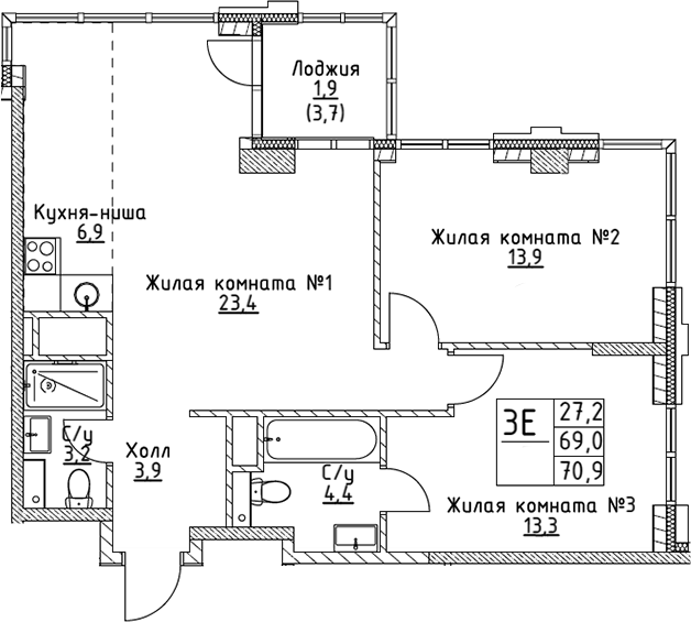 Планировка — VERY на Миклухо-Маклая, 3-комн., 69 м²