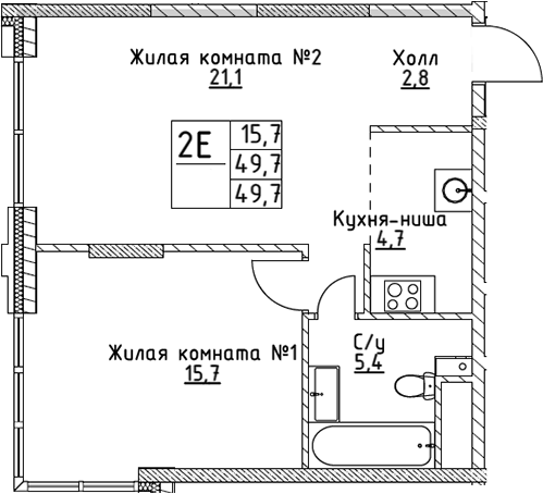 Планировка — VERY на Миклухо-Маклая, 2-комн., 48 м²